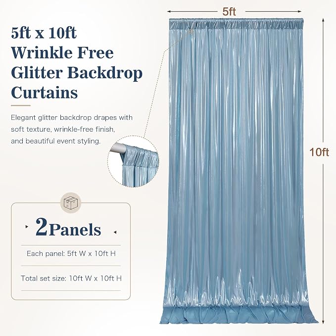 10x10ft Dusty Blue Sequin Backdrop Curtains, Wrinkle Free Glitter Backdrop - Image 6