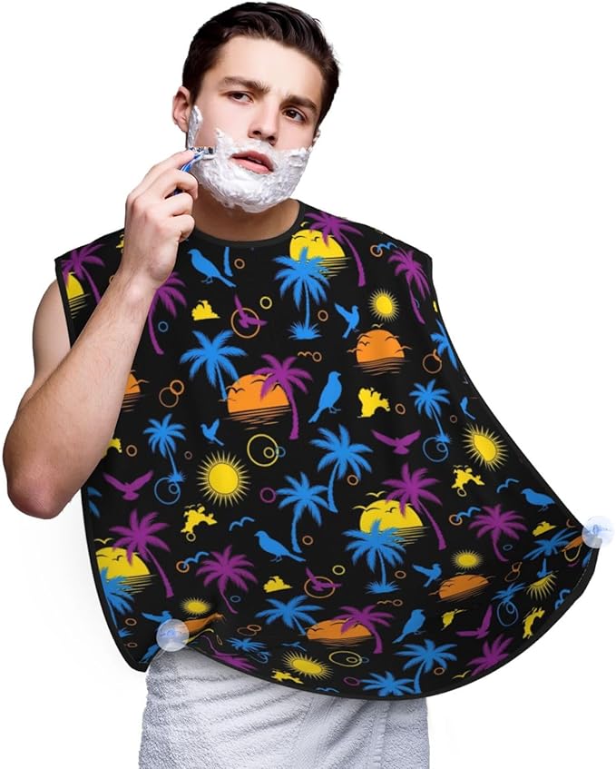 Waterproof Beard Grooming Bib, Tropical Palm Tree Beach Sun Art Shave Bib, Non-Stick Hair Catcher for Shaving Trimming, Apron Essential for Men Dad