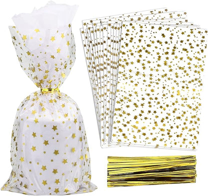 100 Pcs Star Printed 6"X10" Gift Wrap Cello Cellophane Treat Bags Party Favor by COQOFA