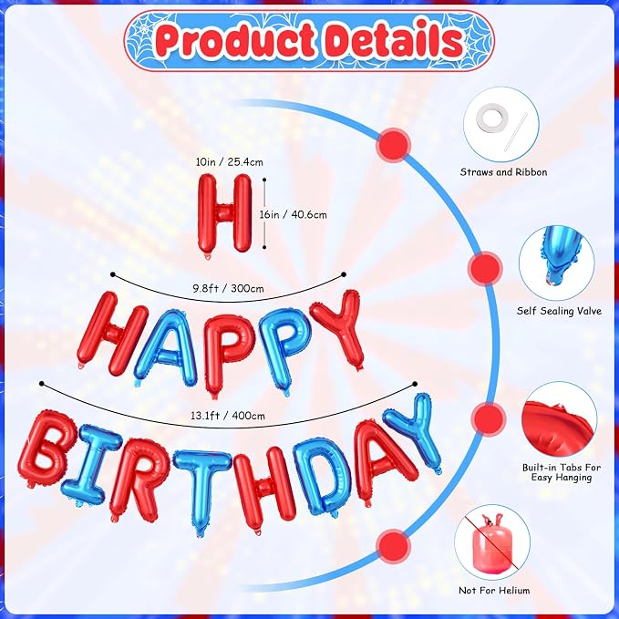 29PC Blue and Red Happy Birthday Balloon Banner, 16Inch 3D Aluminum Letter - Image 3