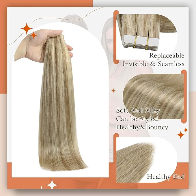 Full Shine Highlight Blonde Tape in Hair Extensions Color 16P22 Tape in Extensions Human Hair 18Inch Double Sided Extension Invisible Skin Weft 100G 40Pcs Soft Straight for Women
