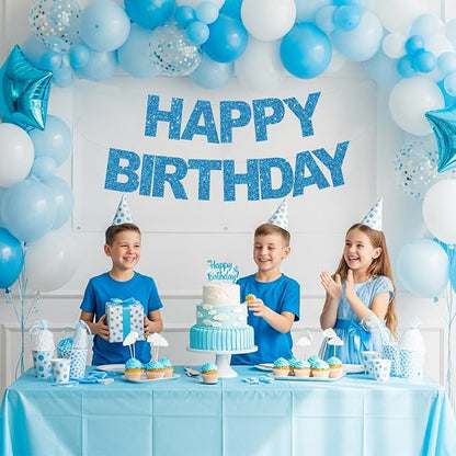 BEISHIDA Pre-Strung Glitter Sky Blue Happy Birthday Banner Party Sign Decor | - Image 4