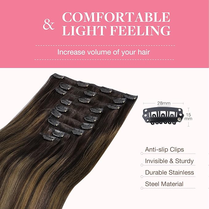 GOO GOO Clip in Hair Extensions Real Human Hair, Remy Human Hair Extensions Clip ins for Women, Natural Human Hair, 16inch 150g 9Pcs, 2/6/2 Balayage Dark Brown to Chestnut Brown
