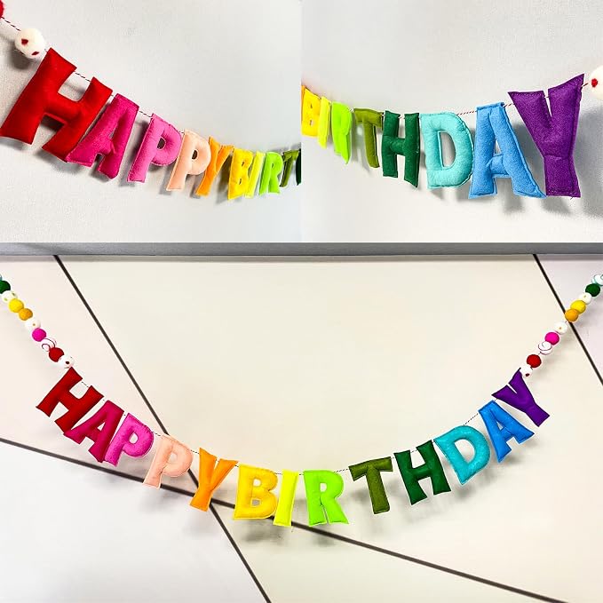 Pre-Strung Happy Birthday Banner, Reusable HAPPY BIRTHDAY Felt Ball Garland | - Image 3