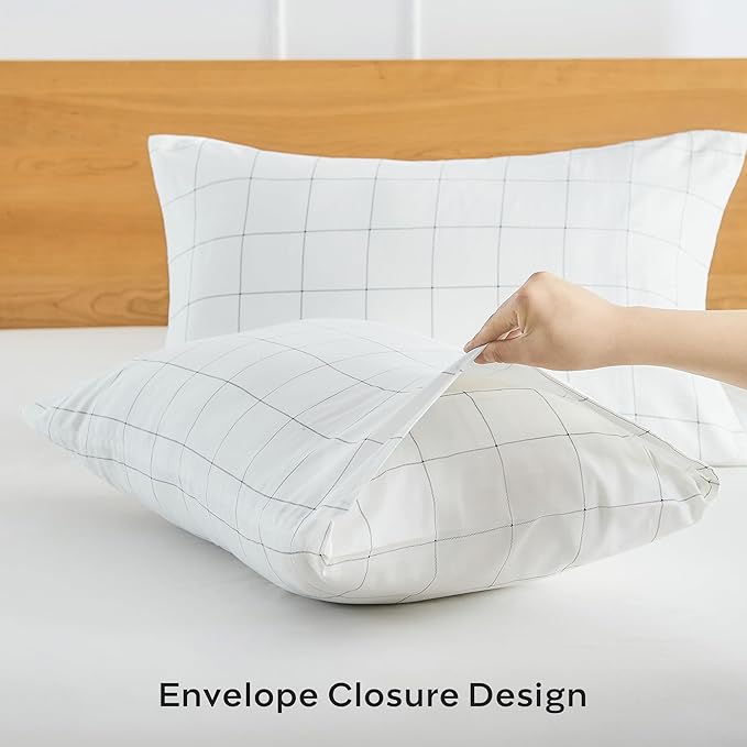 JELLYMONI 100% Natural Cotton Plaid Standard Pillowcases Set, 2 Pack White with Black Grid Geometric Pattern Printed Pillow Covers with Envelope Closure(Pillows are not Included)
