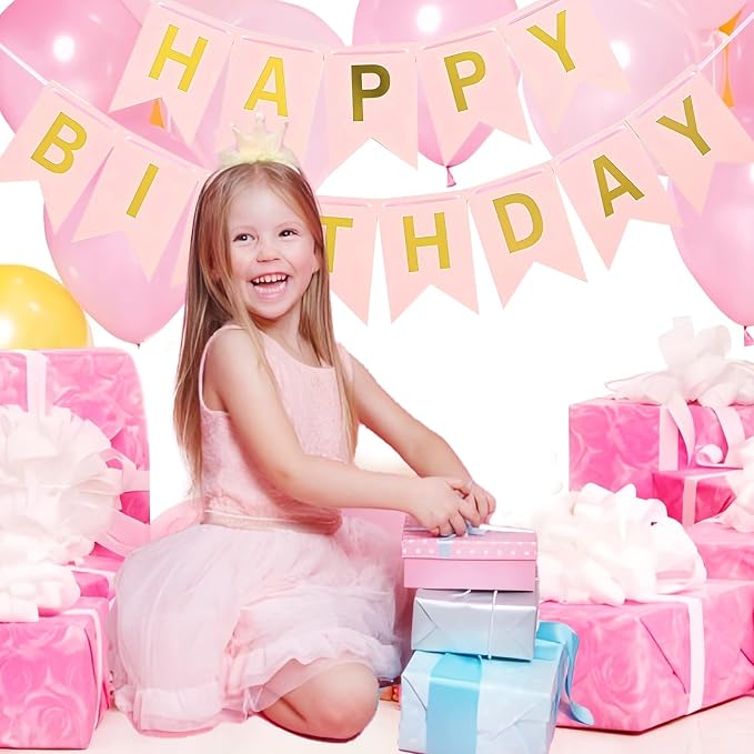 Pink Happy Birthday Banner - 16 ft Pre-Strung Gold & Pink Birthday Party - Image 3