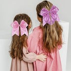 Large Big 7 Inch Glitter Bow Clip Sequin Bling Party Hair Accessories for Women Teens Girls Kids 2 Pcs (Pink, Light Purple)