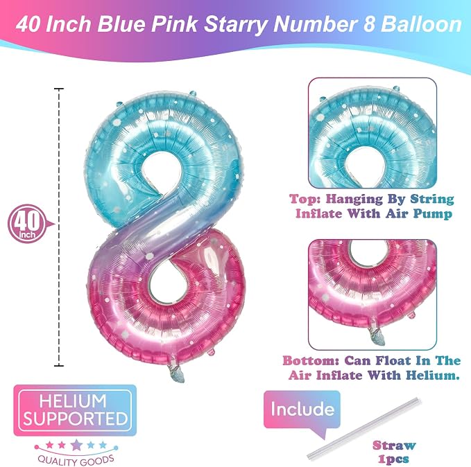 Purple Teal Number 8 Balloons, 40 Inch Giant Mermaid Starry Mylar Foil Number 8 - Image 2