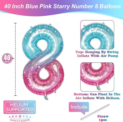 Purple Teal Number 8 Balloons, 40 Inch Giant Mermaid Starry Mylar Foil Number 8 - Image 2
