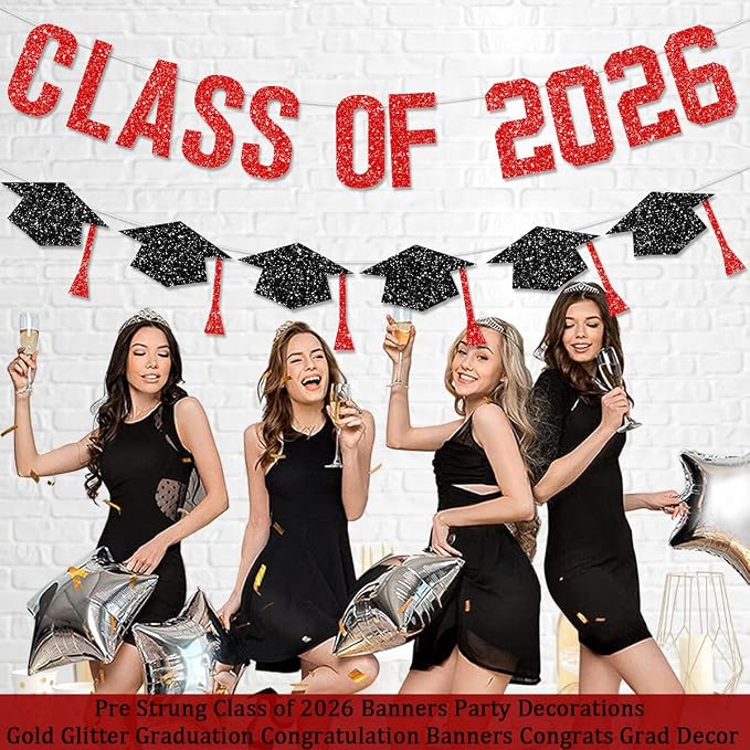 Pre Strung Graduation Decorations Class of 2026 Banner Red Glitter College - Image 4