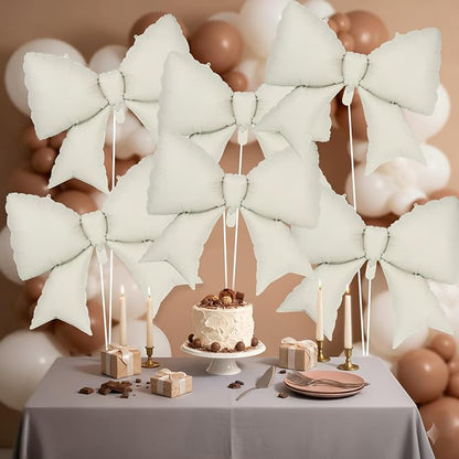 6 Pcs Beige Bow Balloons for Girls, 38 Inch Bow Foil Balloons, Bows Gender - Image 4