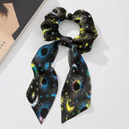 Star Sun Moon Hair Scrunchies with Ribbon Black Bow Hair Ties for Women Girls Fashion Scraf Scrunchy No Damage Pack of 2