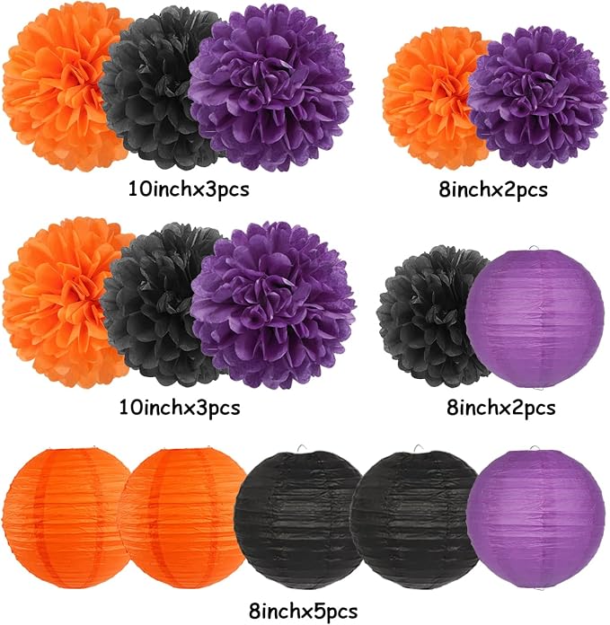 Purple-Orange Black Party-Decorations Paper-Flowers Lanterns - Image 6