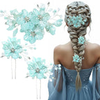 3 PCS Large Flower Bridal Wedding Hair Pins Crystal Pearl Hair Clips Headpiece Bride Hair Accessories Jewelry with Rhinestone, Glitter Emboss Blue Flower