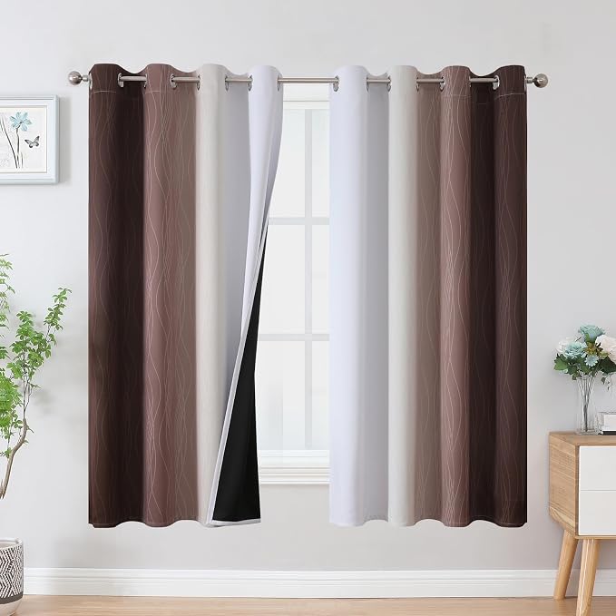 Brown and Greyish White Blackout Curtains 63 Inch Length 2 Panels Set, Full by ESTELARTEXTILER