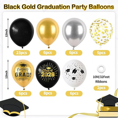 Black and Gold Graduation Balloons, 12 Inch Metallic Silver Gold Confetti Latex - Image 2