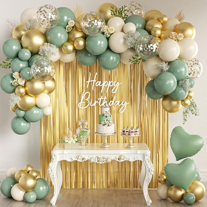 Sage Green Gold White Balloons Arch Kit by MEBAY