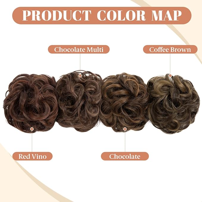 CJL HAIR 2PCS Messy Bun Hair Pieces Wavy Curly Synthetic Updo Chignon Fake Scrunchies Ponytail Extension for Women Chocolate