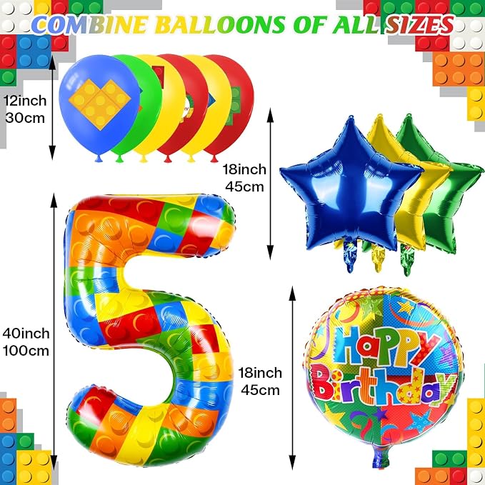 40 Inch Building Block Number Balloon, Colorful Number Block Foil Number 5 - Image 2