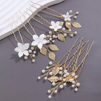 Handmade Pearl Bridal Wedding Hair Pins 9Pcs White Flower Gold Leaf Pearls Clips Bridal Hair Accessories for Women Brides Bridesmaid