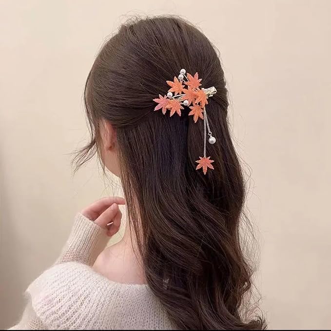 Fall Maple Leaf Hair Clip for Women Tassel Metal Maple Leaf Hair Barrettes Pearl Hair Accessories for Women Thanksgiving Birthday Presents Decorations