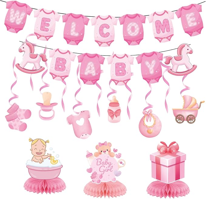Baby Shower Decorations for Girl- Baby Shower Banner Pink Paper Welcome Baby by Rujor