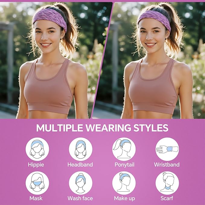 Sweat Headbands for Women - Moisture Wicking Wide Yoga Headband, Non Slip Soft Elastic Sports Headbands for Workout, Running, Gym - 5 Pack Colorful Assorted
