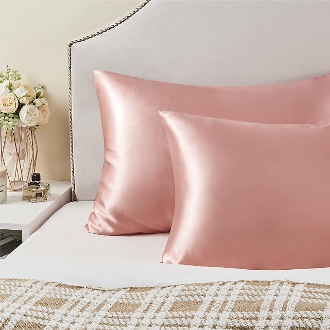 BEDELITE Satin Pillowcase with Zipper 2 Pack, Rose Pink Pillow Cases Standard Size, Super Soft and Cooling Similar to Silk Pillow Cases, Gift for Women Men(20x26 Inches)