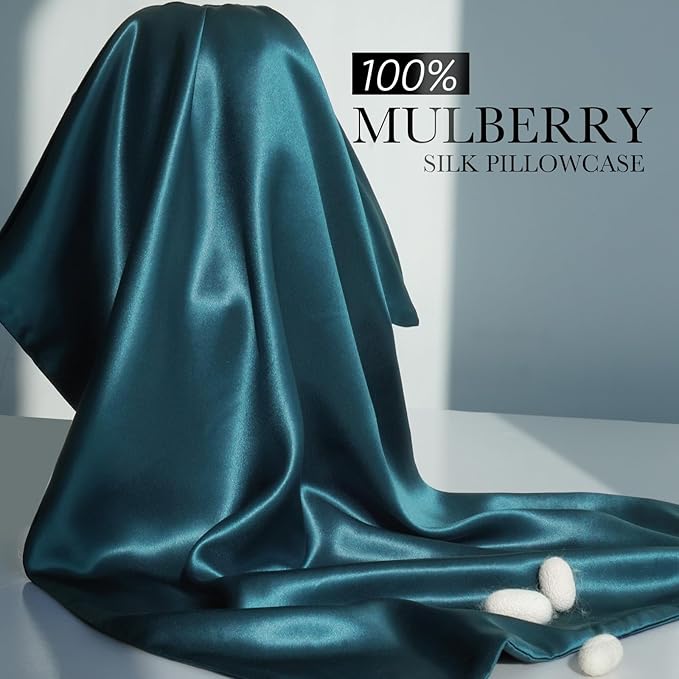 100% Mulberry Silk Pillowcase for Hair and Skin, 22 Momme Pure Natural Silk Pillow Case Both Sided with Zipper, Pillow Cover for Women Mom Men (Fog Blue, Queen 20''×30'', 1 Pack)