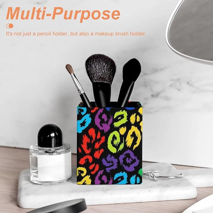 Pencil Pen Holder PU Leather Makeup Brush Holder Black Rainbow Cheetah Leopard - Image 6