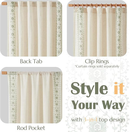 jinchan Floral Linen Curtains Embroidered Back Tab 50x72in 2 Panels Sage | - Image 7