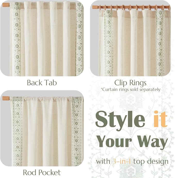 jinchan Floral Linen Curtains Embroidered Back Tab 50x84in 2 Panels Sage | - Image 7