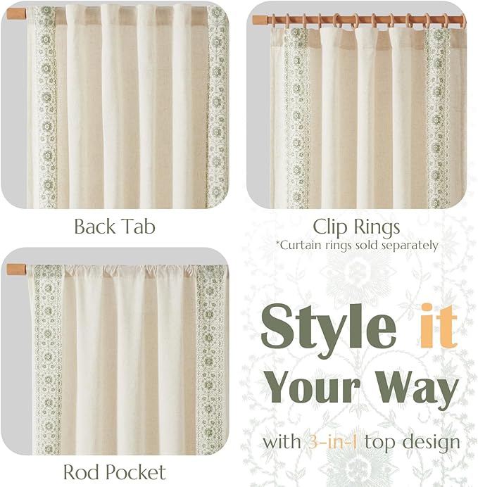 jinchan Floral Linen Curtains Embroidered Back Tab 50x90in 2 Panels Sage | - Image 7