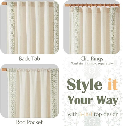 jinchan Floral Linen Curtains Embroidered Back Tab 50x90in 2 Panels Sage | - Image 7