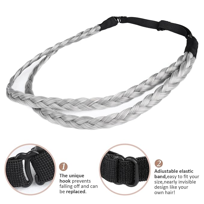 DIGUAN Double Three Strand Synthetic Hair Braided Headband Hairpiece Extension Women Girl Beauty accessory (Smoky Gray)