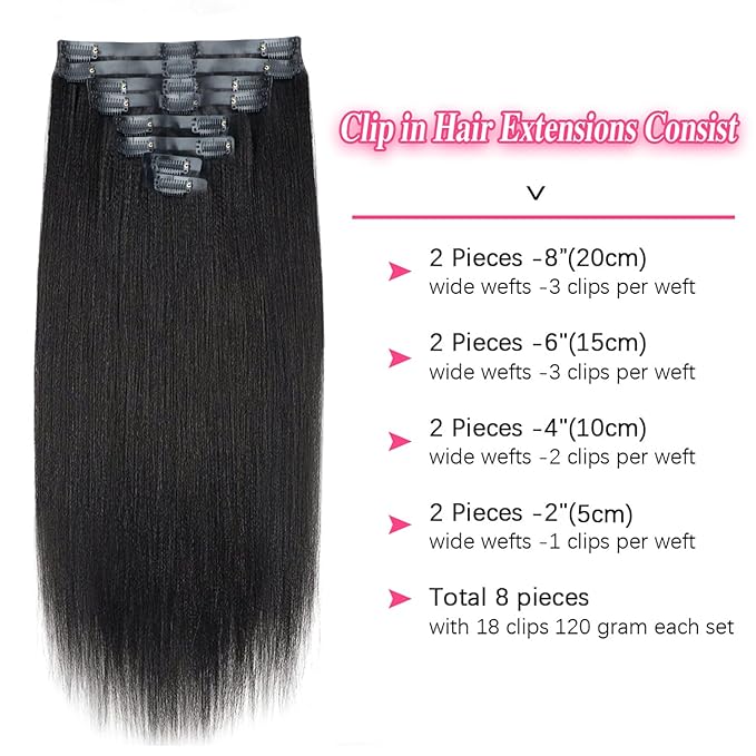 Seamless PU Yaki Straight Clip in Hair Extensions Real Human Hair For Women Invisible Yaki Straight Clip ins (16inch,#1B)