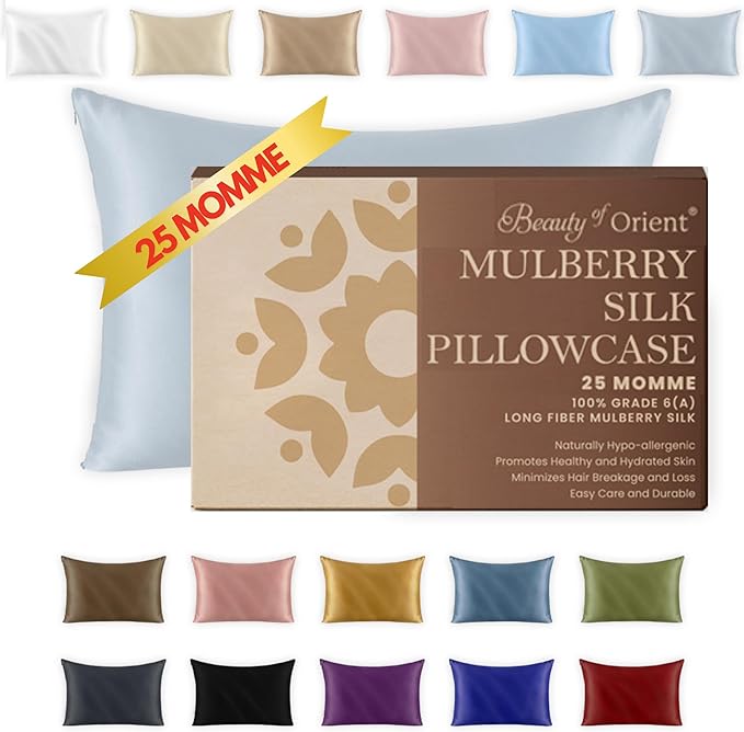 25 Momme Premium Mulberry Silk Pillowcase for Hair and Skin | Handcrafted Hypoallergenic & Anti-Acne Silk Pillow Cases with Zipper | Queen - 20" x 30", Silver Lining