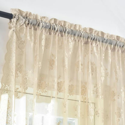 Kotile Beige Lace Kitchen Curtains Rustic Floral W42 x L30 Inch, 2 Panels | Rod - Image 3