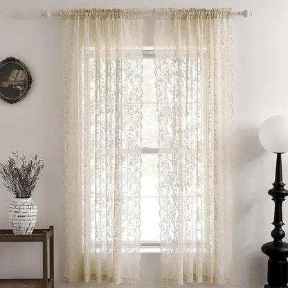 FINECITY Beige Lace Curtains for Bedroom Rustic Floral 52x102 Inch 2 Panels | - Image 3