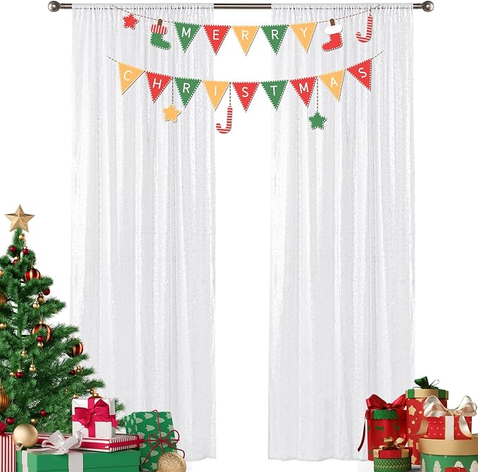 Sugargirl White Sequin Backdrop Curtain 2 Panels 2FTx8FT Glitter White by Sugargirl