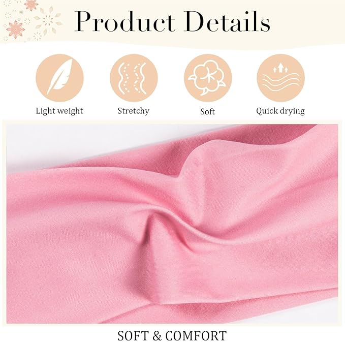 4PCS Floral Headbands for Women Trendy Wide Head Bands for Women's Hair Non Slip Wraps Elastic Stretchy Bandanas Workout Hair Bands Fashion Hair Accessories Birthday Gifts for Valentines Pink