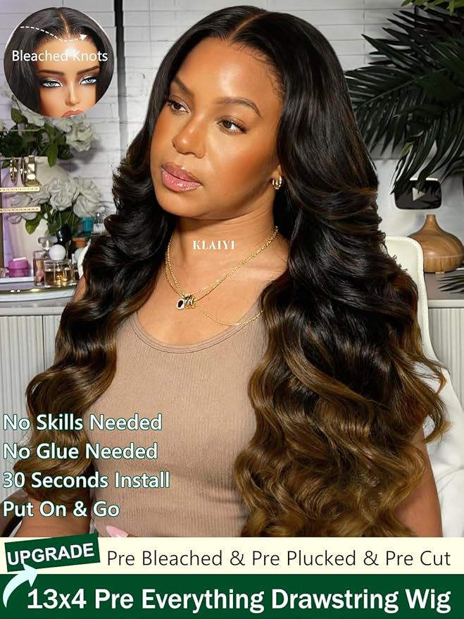 KLAIYI Ombre Brown Loose Body Wave 13x4Pre Everything Lace Frontal Chestnut Brown Drawstring Wig with Face Framing Layers Precut Lace Pre Plucked Bleached Bye Bye Knots Ready to Wear and Go Wig 16Inch