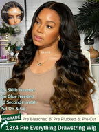KLAIYI Ombre Brown Loose Body Wave 13x4Pre Everything Lace Frontal Chestnut Brown Drawstring Wig with Face Framing Layers Precut Lace Pre Plucked Bleached Bye Bye Knots Ready to Wear and Go Wig 24Inch
