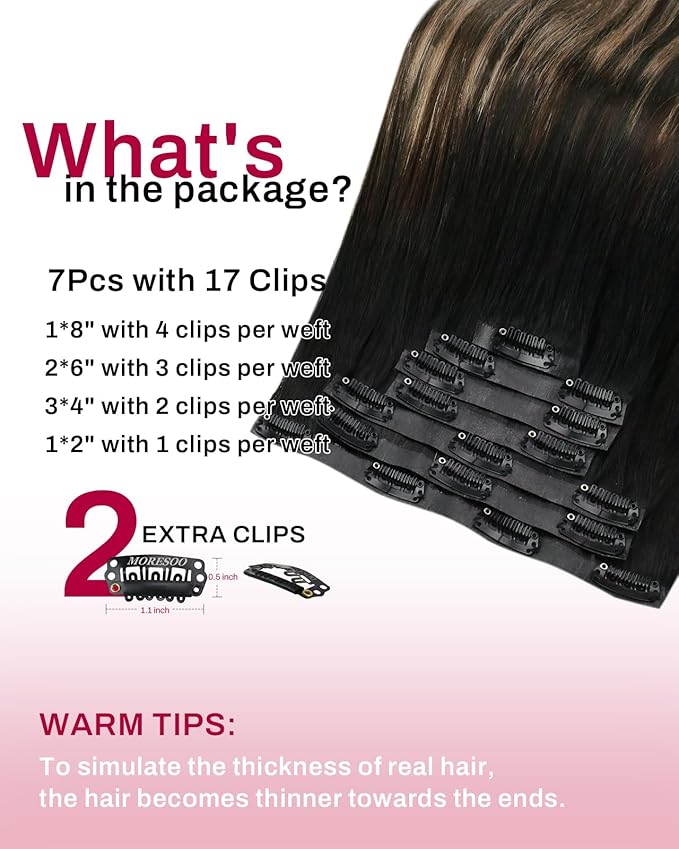 Moresoo Seamless Clip in Hair Extensions Human Hair Balayage PU Real Hair Extensions Clip in Human Hair Ombre Black to Brown Mix Caramel Blonde Full Head 7pcs 120g 18Inch