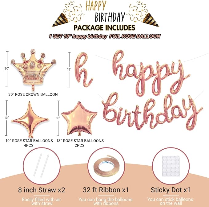 Rose Gold Happy Birthday Balloons Banner 18 Inch Script/Cursive Foil Mylar - Image 3