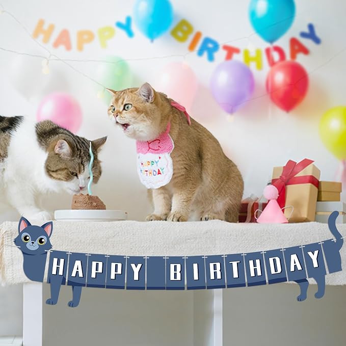 Cat Happy Birthday Banner Blue Cat Banner Bunting Flag Garland Birthday Party - Image 8