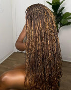 Human Hair Boho Curls Hand-Tied HD Full Lace Wig - 36" Salon-Level Small Box Synthetic Braids (121 Braids, High Density) Pre-Cut Swiss HD Lace, Pre-Plucked, Knotless - 1B/30 Ombre Brown
