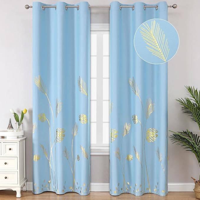 Sky Blue Blackout Curtains for Bedroom, Room Darkening Gold Palm Tree Pattern by ESTELARTEXTILER