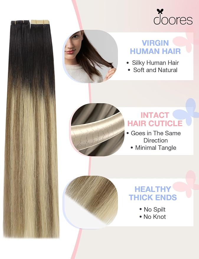 DOORES Invisi Edge Tape in Extensions Human Hair, Dark Brown to Dirty Blonde 10 Injection Tape-ins with 10 Classic Tape-ins 50g 18 Inch, Injection Tape in Extensions Thick Ends