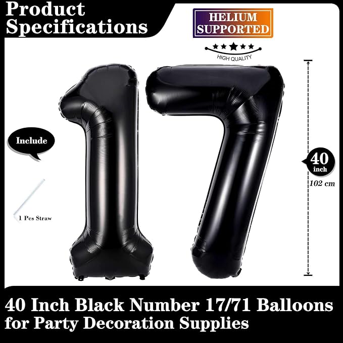 Black 17 Number Balloons, 40 Inch Giant Number 17 Balloons Foil Mylar Helium - Image 2